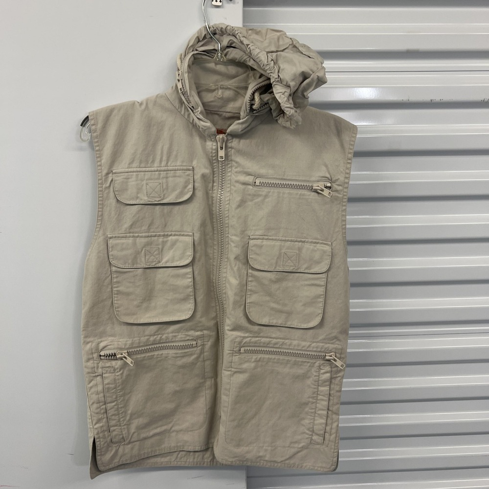 Vintage Banana Republic Vest Mens XS Beige Cotton Hooded Utility Travel Safari
